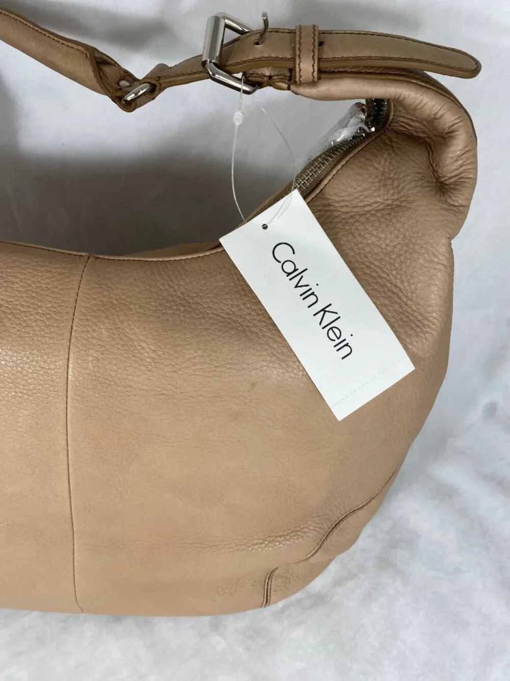 Calvin Klein Classic Pebble Beige Leather Shoulder Hobo Handbag  NWT